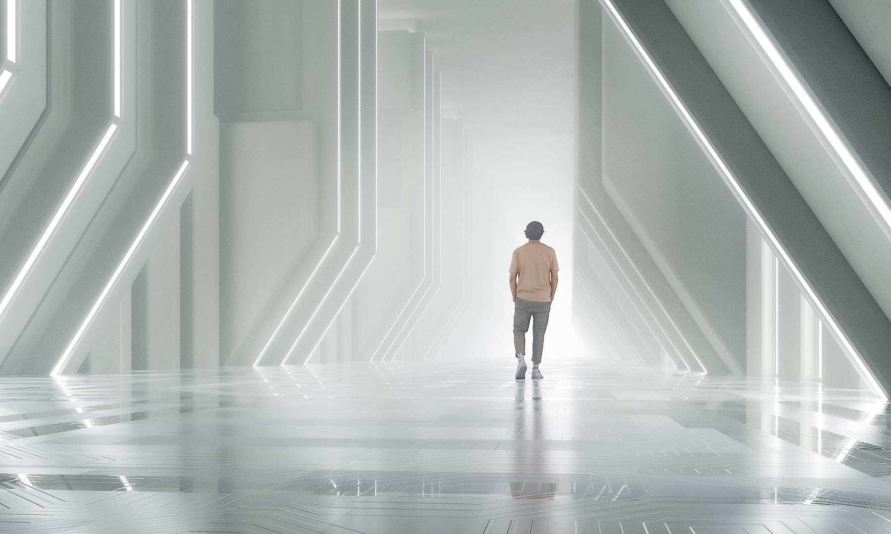 Person Walking Through Futuristic Digital Corridor Individual walking through a bright futuristic corridor with illuminated lines, symbolizing digital innovation and technological advancement.