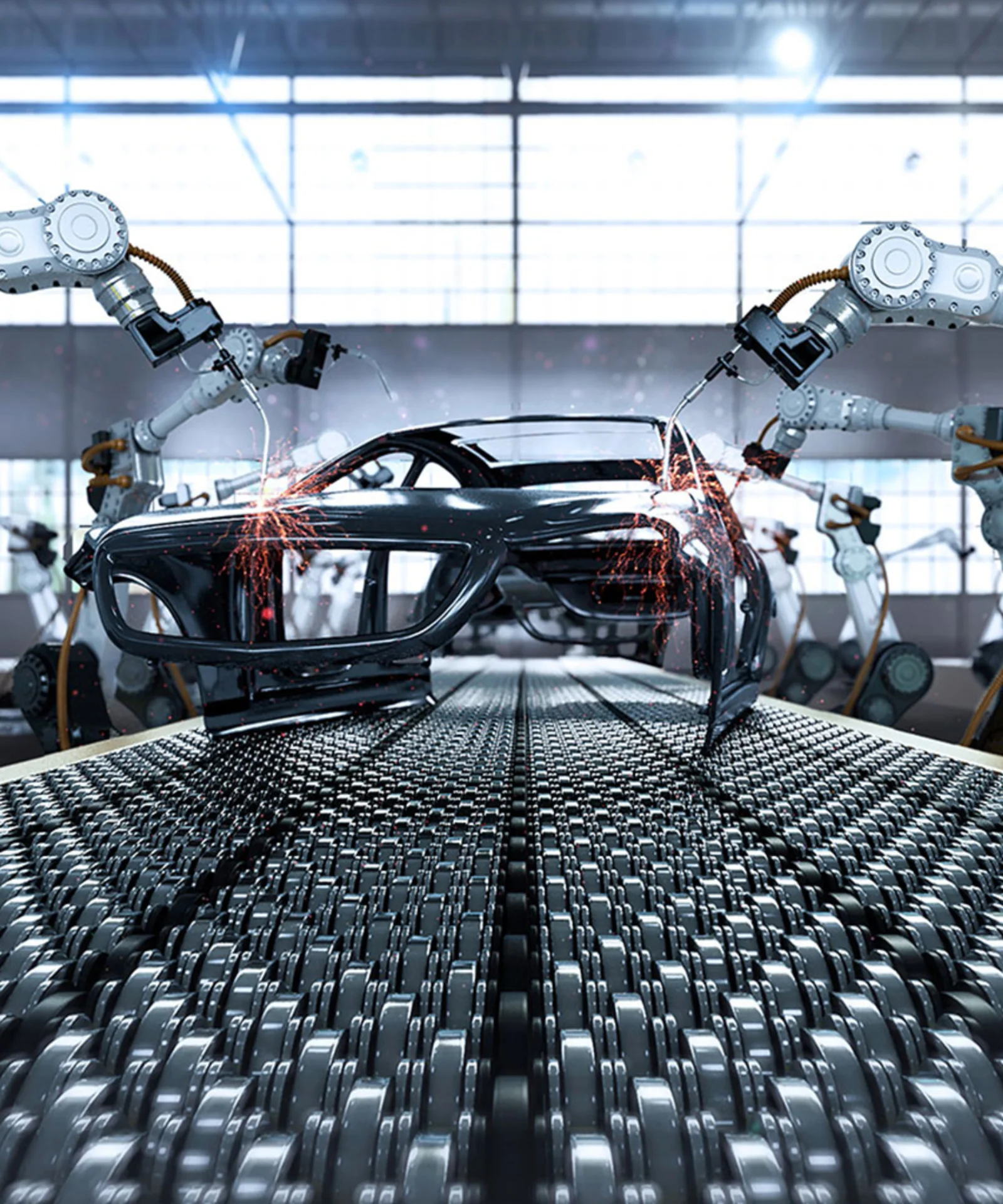 This image showcases a high-tech manufacturing environment where robotic arms are welding a car chassis on an automated production line. The factory setting is bright and spacious, with large windows allowing natural light to flood in. The robotic arms, equipped with welding tools, are precisely and efficiently assembling the car body, highlighting the advanced technology and automation in the automotive manufacturing industry. This visual emphasizes the cutting-edge processes and innovation driving the sector.