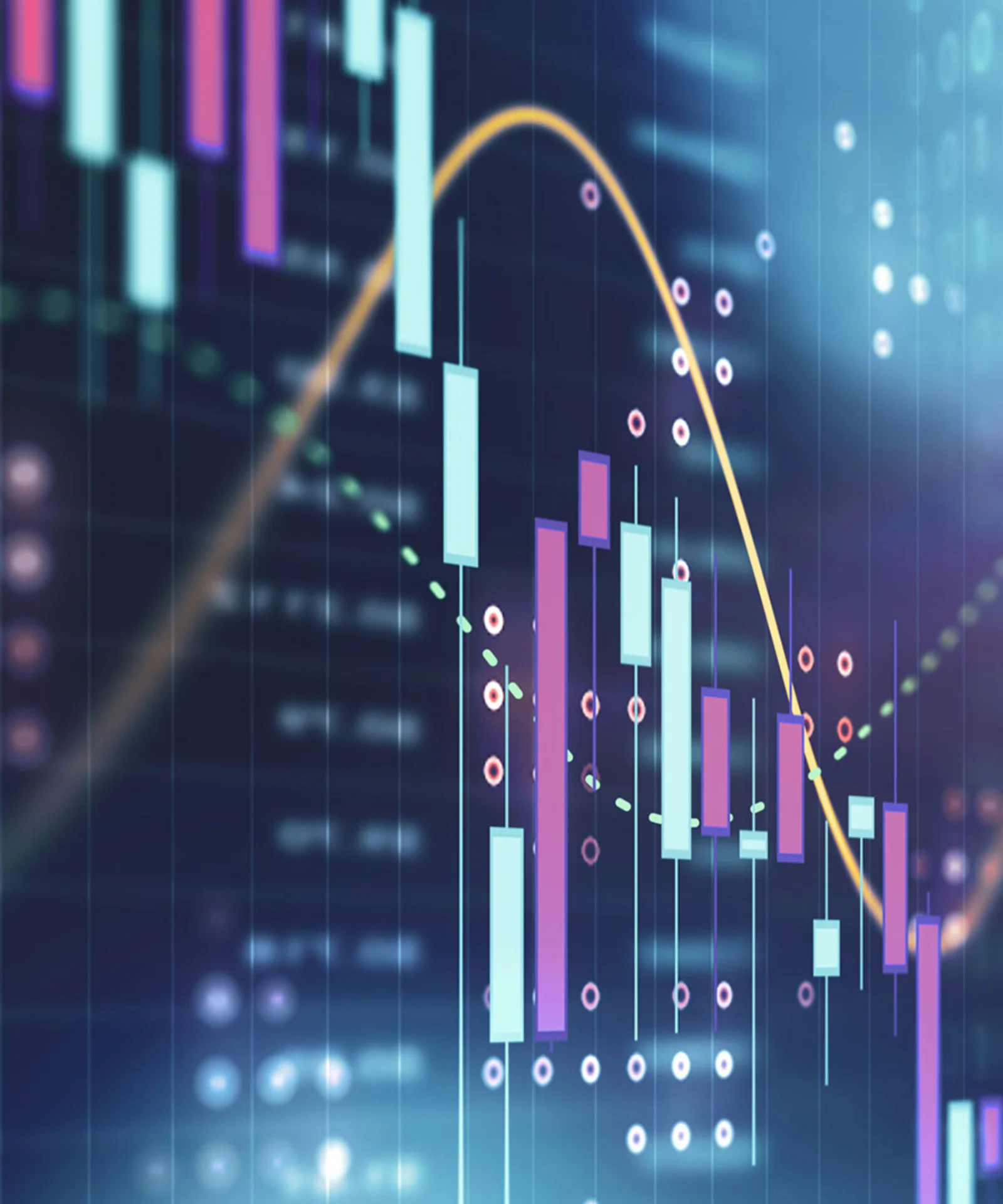 Um gráfico financeiro dinâmico com vários pontos de dados e gráficos, representando a transição para soluções baseadas em nuvem em empresas de investimento.