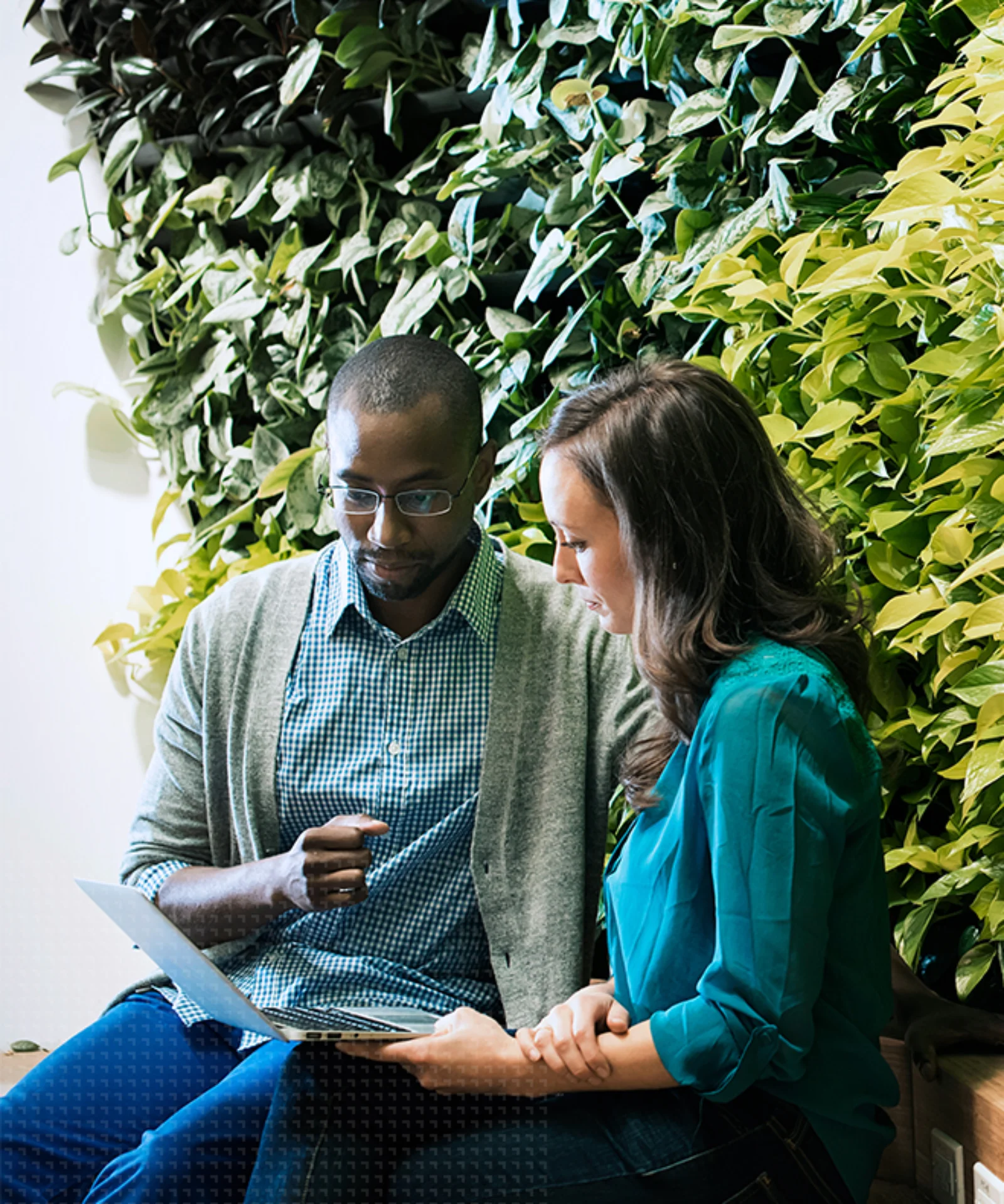 Two professionals discussing work while looking at a laptop in a modern workspace with a lush green plant wall, symbolizing collaboration and a sustainable work environment.