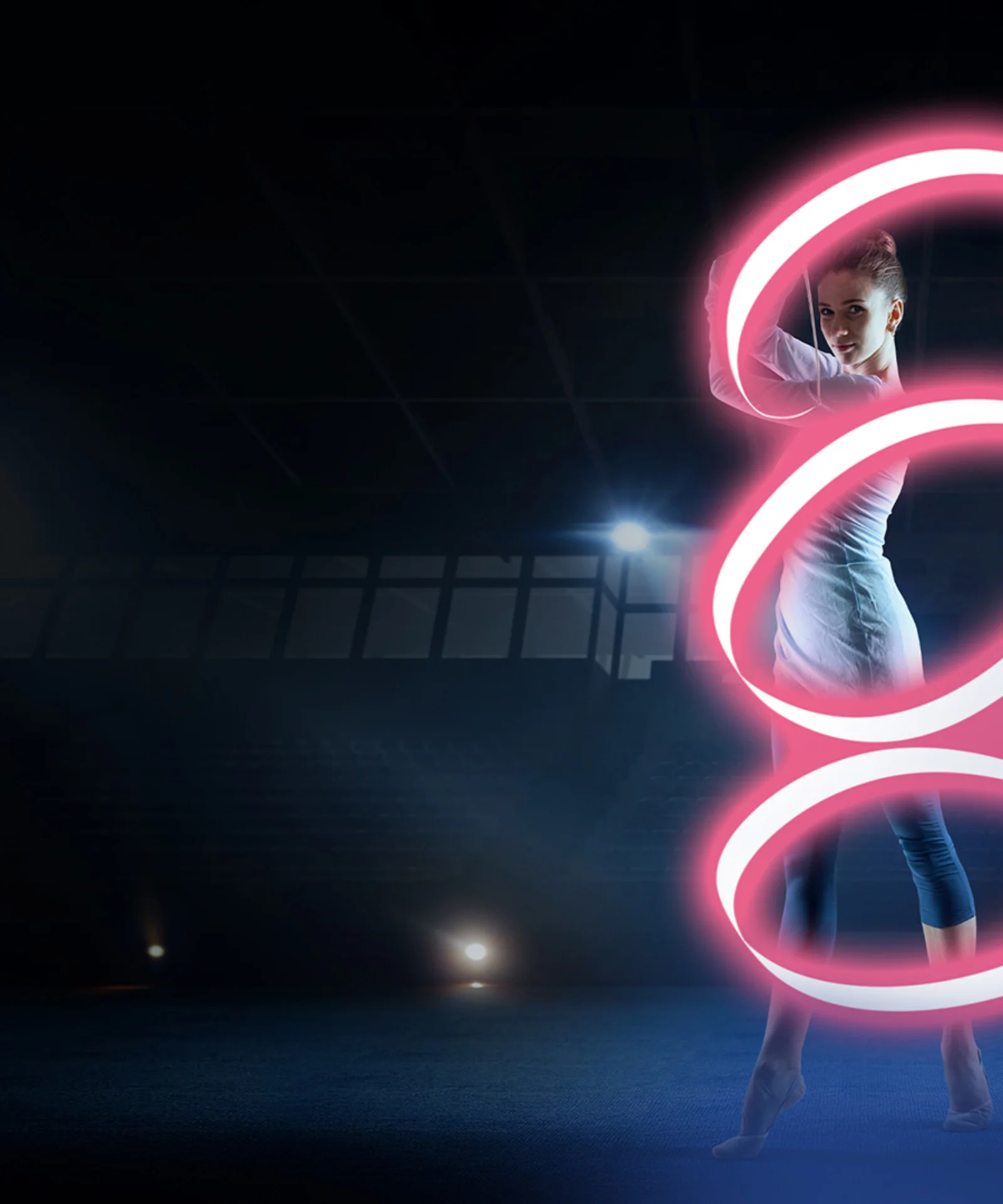 A dancer in a dark environment, illuminated by a vibrant pink light trail swirling around her, symbolising speed, precision, and agility in core banking migration.