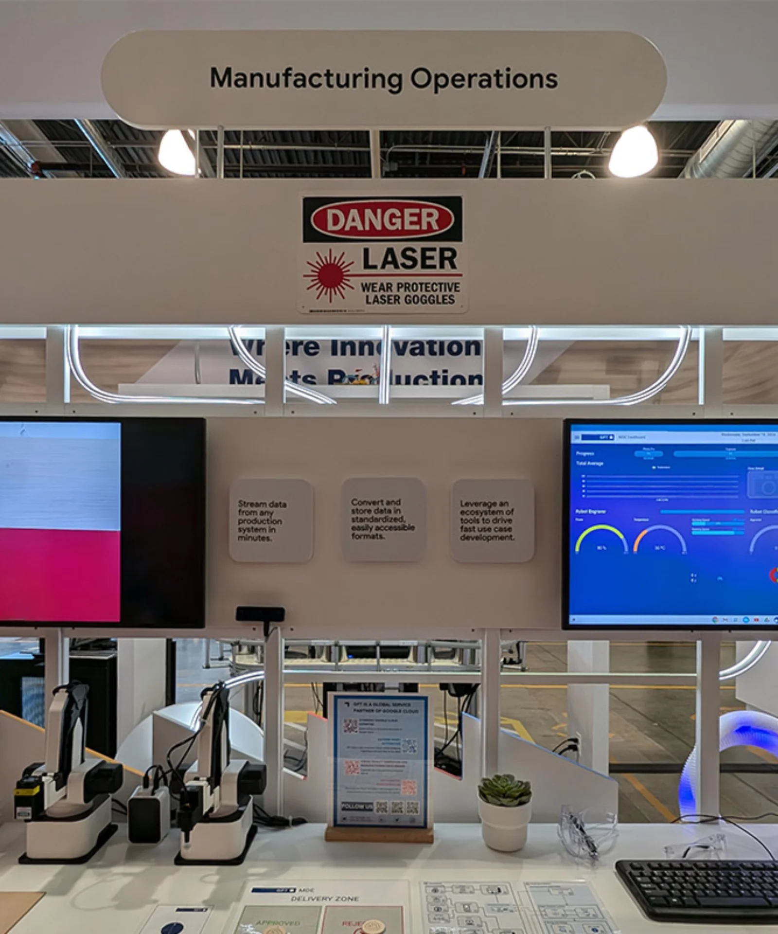 A manufacturing operations station showcasing a digital control panel with dual monitors displaying data analytics and video feed, automation tools, and a workspace with a keyboard, mouse, and safety equipment.