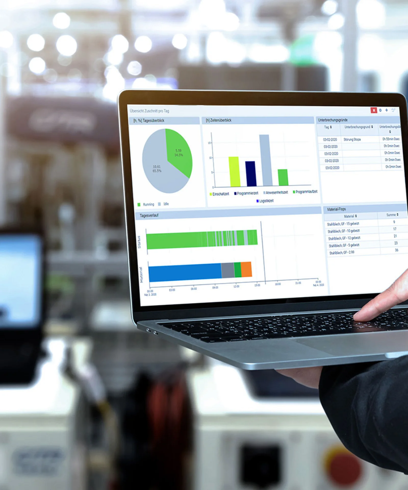 A person using a laptop to monitor and analyse shop floor data with graphs and charts, representing enhanced transparency and efficiency at Schinko.