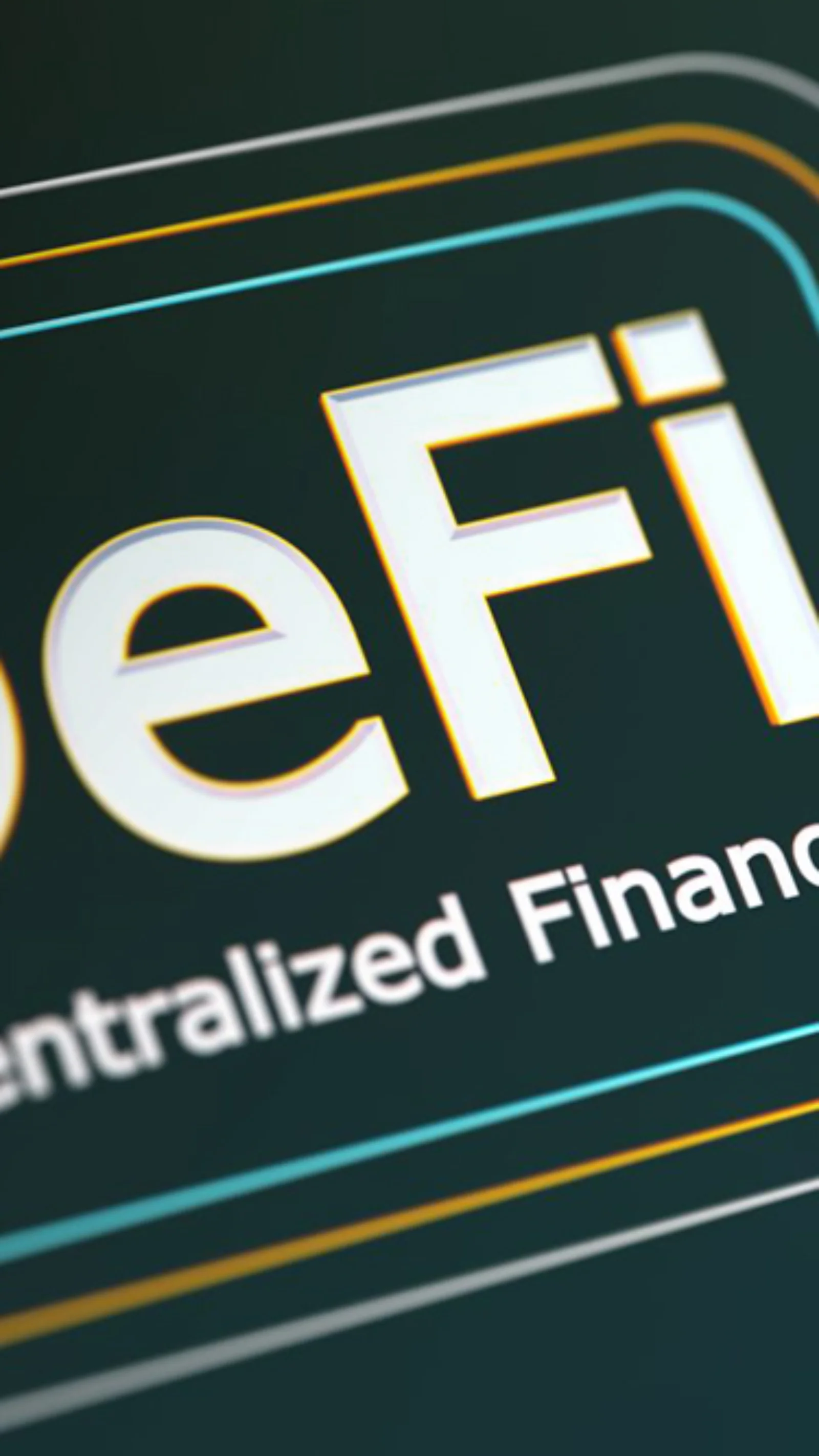 Close-up of a digital interface displaying the word &quot;DeFi&quot; (Decentralized Finance) along with Bitcoin symbols, highlighting the concept of decentralized finance in a technological context.