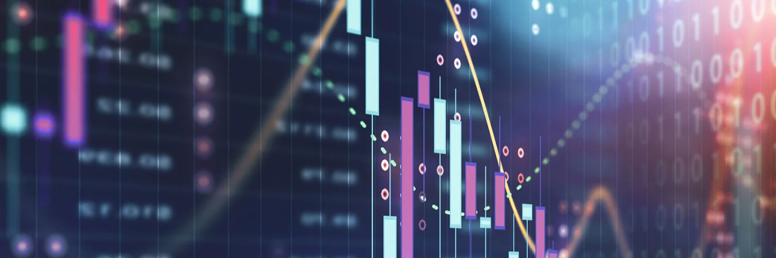 A dynamic financial chart with various data points and graphs, representing the transition to cloud-based solutions in investment firms.