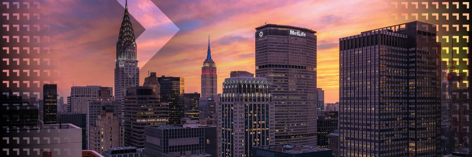 Stunning New York City skyline at sunset, showcasing iconic architecture like the Chrysler Building and MetLife Building against a colorful sky. Ideal representation of urban innovation and architectural beauty.