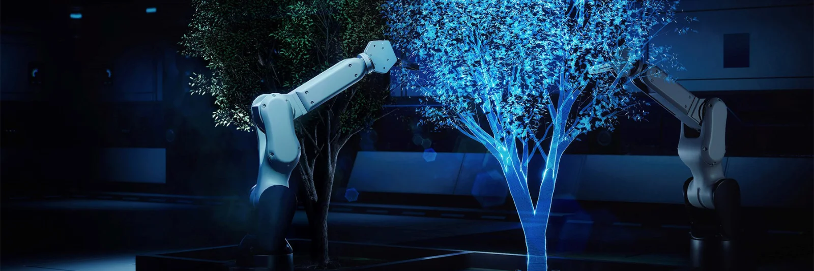 The image depicts two robotic arms interacting with a digital tree, symbolizing the seamless integration of technology and nature in the Sphinx Open project. The digital tree glows with a vibrant blue hue, representing the growth and innovation fostered by the project. The juxtaposition of the physical and digital elements highlights the advanced technological solutions and the innovative approach of Sphinx Open. This visual representation underscores the project&#039;s focus on cutting-edge technology, sustainable development, and the future of digital transformation. The futuristic setting and lighting emphasize the high-tech and forward-thinking nature of Sphinx Open.