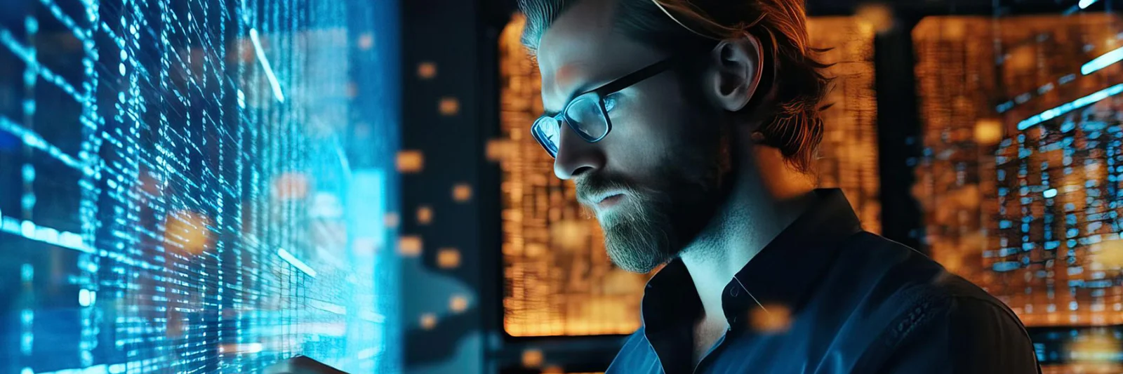 The image features a bearded man wearing glasses, engrossed in interacting with a large, glowing digital interface. The environment is rich with data streams and digital elements, suggesting a high-tech, futuristic setting. The background displays a mixture of blue and orange hues, representing the dynamic and analytical nature of asset management. This visual emphasizes the integration of advanced technology and data analytics in modern asset management, showcasing a professional deeply engaged in optimizing financial assets through innovative digital tools.