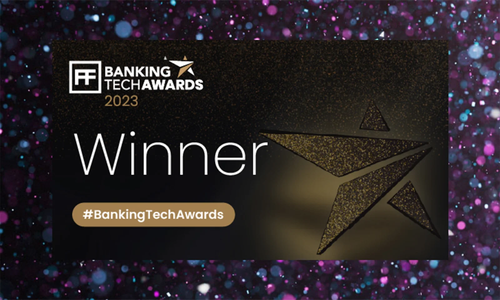 GFT recognised as a winner at the Banking Tech Awards 2023, with the award logo displayed against a shimmering background.