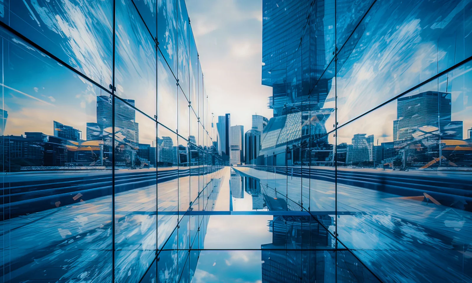 Un paysage urbain futuriste reflété dans la façade en verre d&#039;un bâtiment moderne, illustrant l&#039;innovation et le développement urbain.