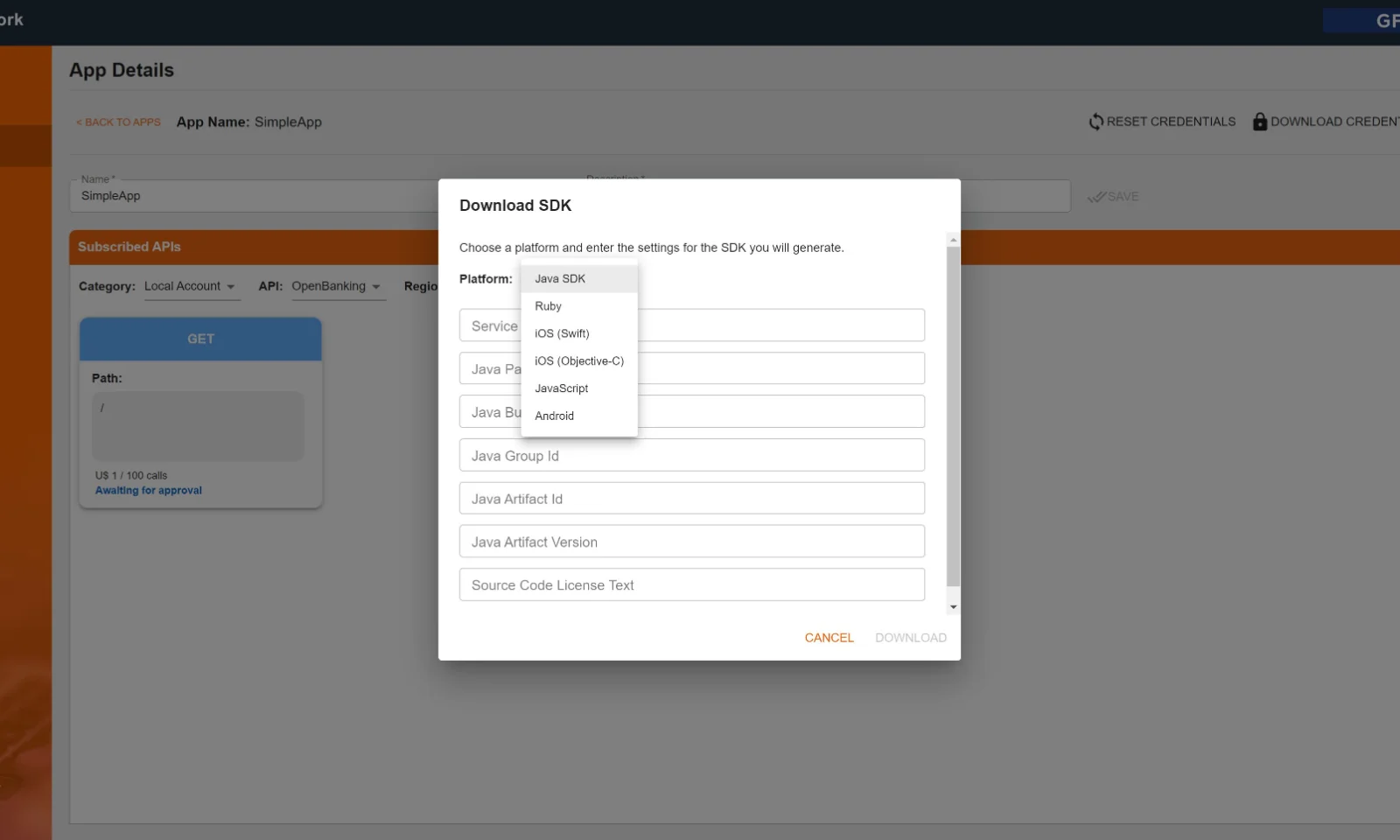GFT Open API Framework – SDK Download Configuration Modal 7.JPG