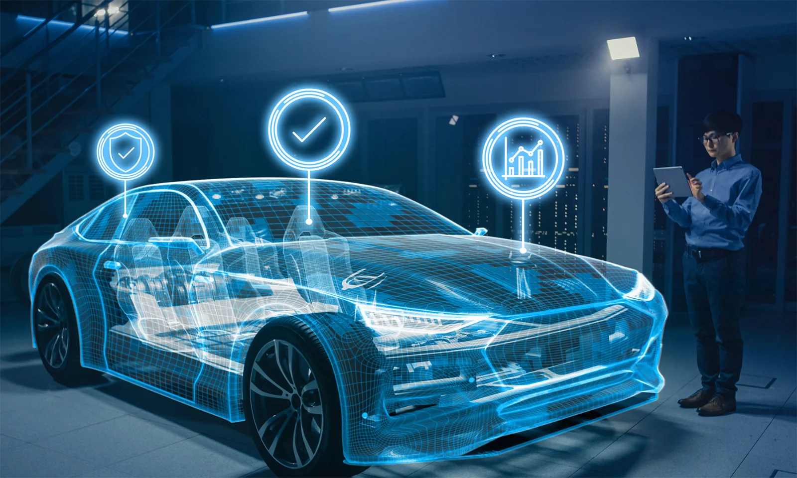 A digital rendering of a car with futuristic overlays, representing cloud-based production, while a technician monitors data on a tablet.