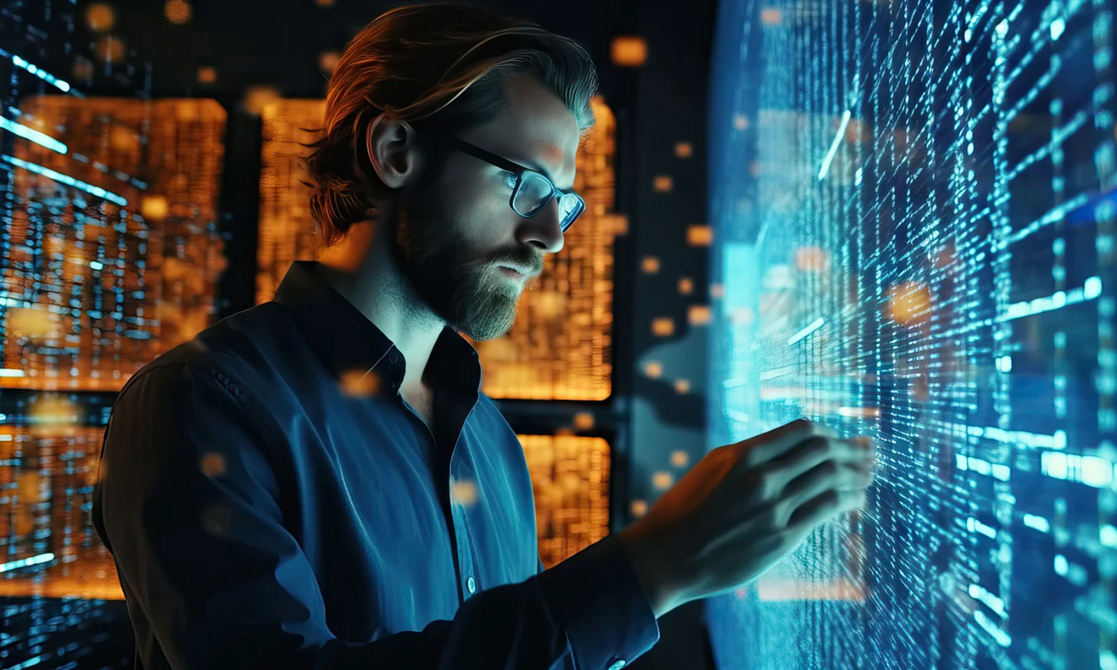 A focused professional in glasses interacts with a large digital interface displaying intricate data patterns, symbolizing the complexity and interconnectivity of open ecosystems in technology.