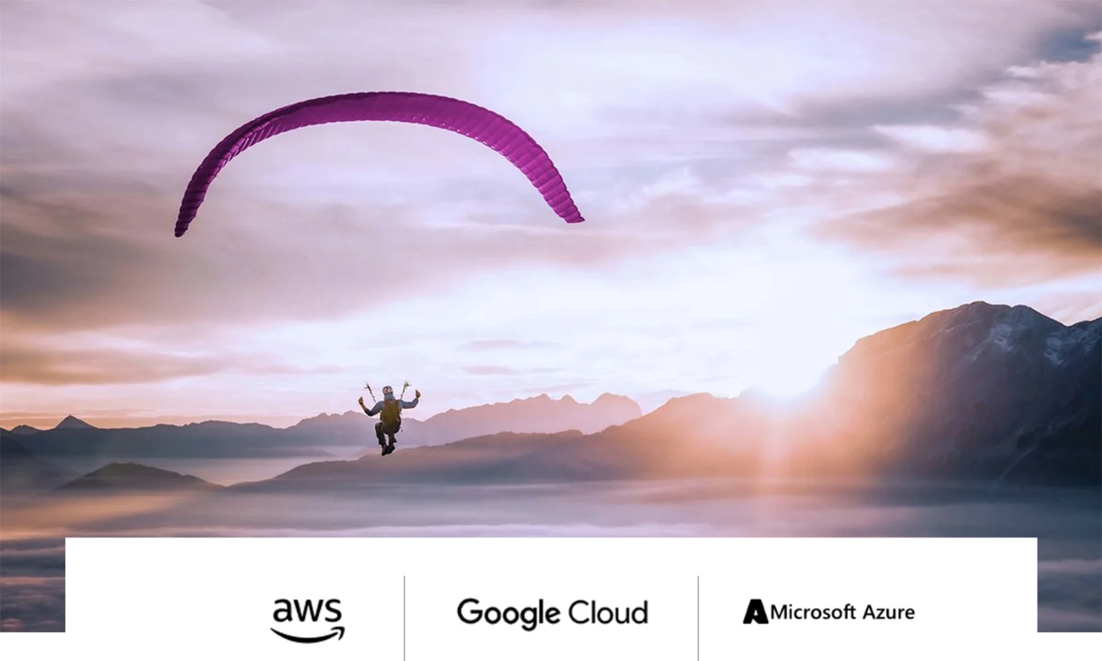 A person paragliding at sunrise, symbolizing the freedom and potential of cloud and platform modernization. Logos of AWS, Google Cloud, and Microsoft Azure are displayed at the bottom, representing leading cloud service providers.