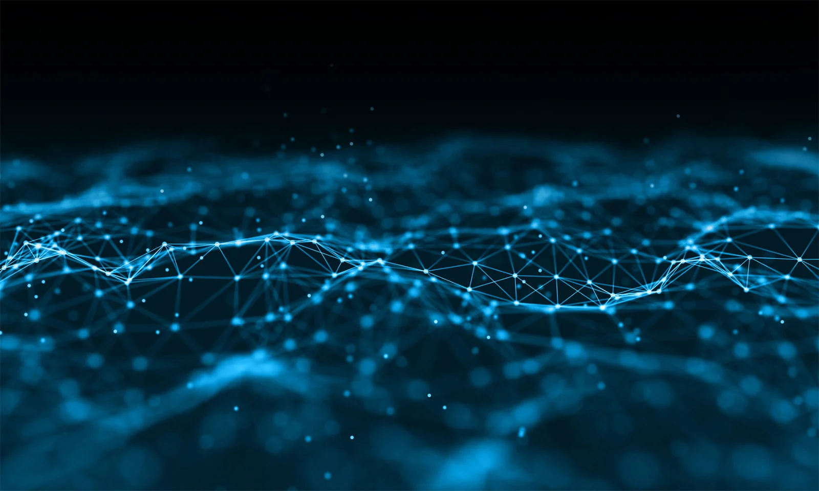 This image presents an abstract visualization of a digital network, characterized by interconnected nodes and lines against a dark background. The glowing blue network lines create a dynamic and futuristic look, symbolizing advanced technology and connectivity. This visual is ideal for representing themes related to digital communication, networking, data transfer, and technological innovation.