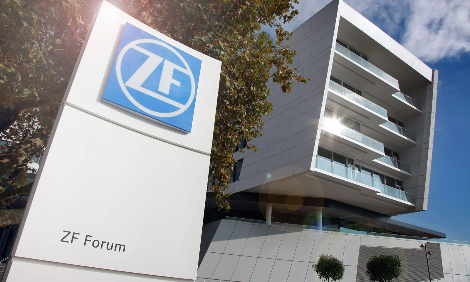 The ZF Forum building with the ZF logo prominently displayed in front, symbolizing the company&#039;s commitment to managing and optimizing demand peaks in automotive and industrial sectors.