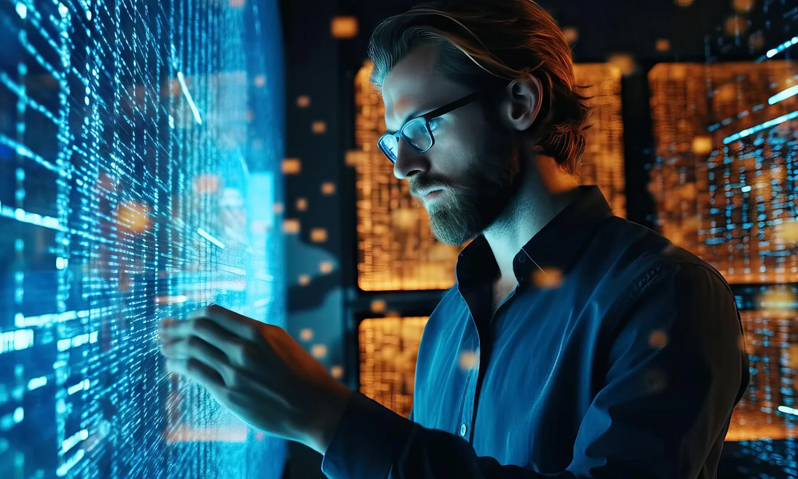 The image features a bearded man wearing glasses, engrossed in interacting with a large, glowing digital interface. The environment is rich with data streams and digital elements, suggesting a high-tech, futuristic setting. The background displays a mixture of blue and orange hues, representing the dynamic and analytical nature of asset management. This visual emphasizes the integration of advanced technology and data analytics in modern asset management, showcasing a professional deeply engaged in optimizing financial assets through innovative digital tools.