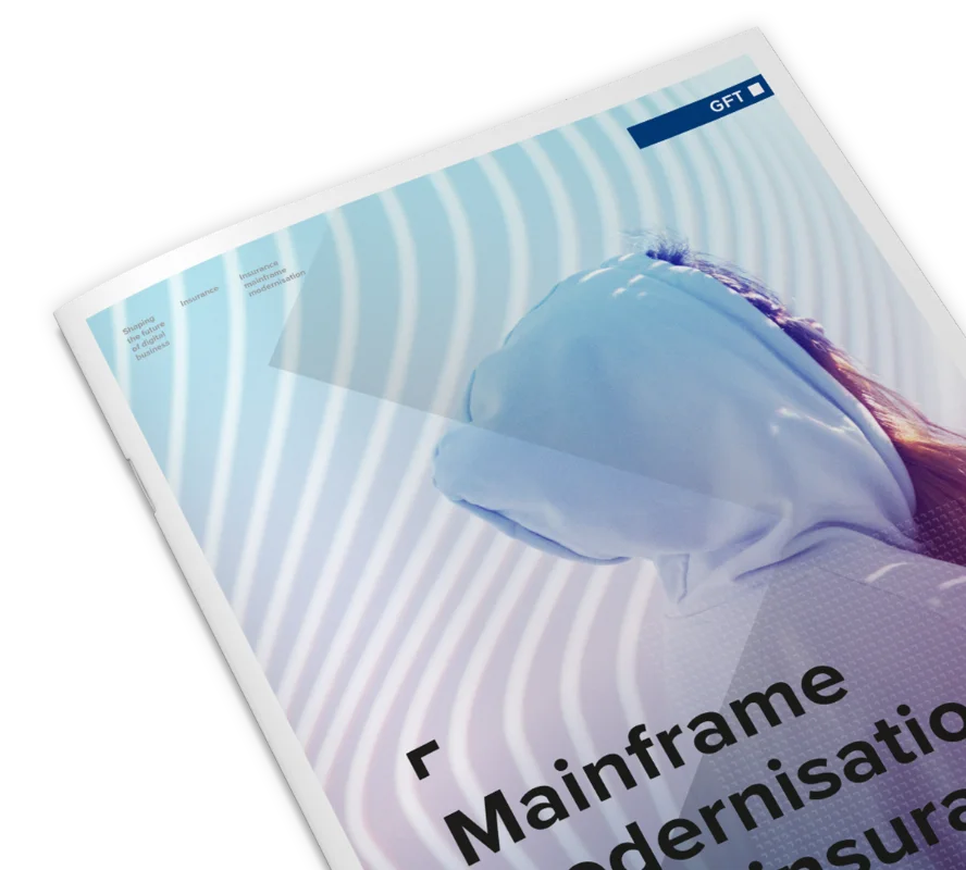 A close-up of a GFT publication titled &quot;Mainframe Modernisation for Insurance,&quot; featuring an abstract image of a person with futuristic elements, symbolising the modernisation of legacy systems in the insurance industry.