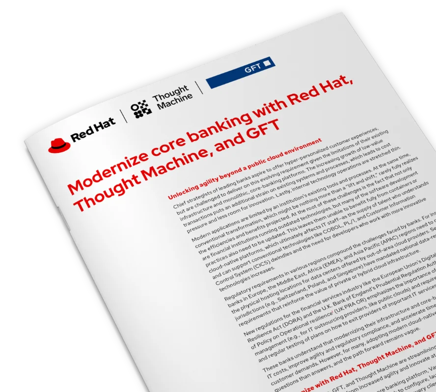 A close-up of a GFT publication titled &quot;Modernise Core Banking with Red Hat, Thought Machine, and GFT,&quot; focusing on strategies to enhance core banking systems using modern technology.