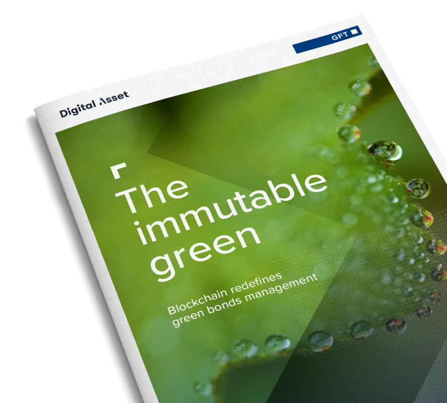 A close-up of a GFT publication titled &quot;The Immutable Green,&quot; focusing on how blockchain technology is redefining the management of green bonds, with an image of water droplets on a green leaf.