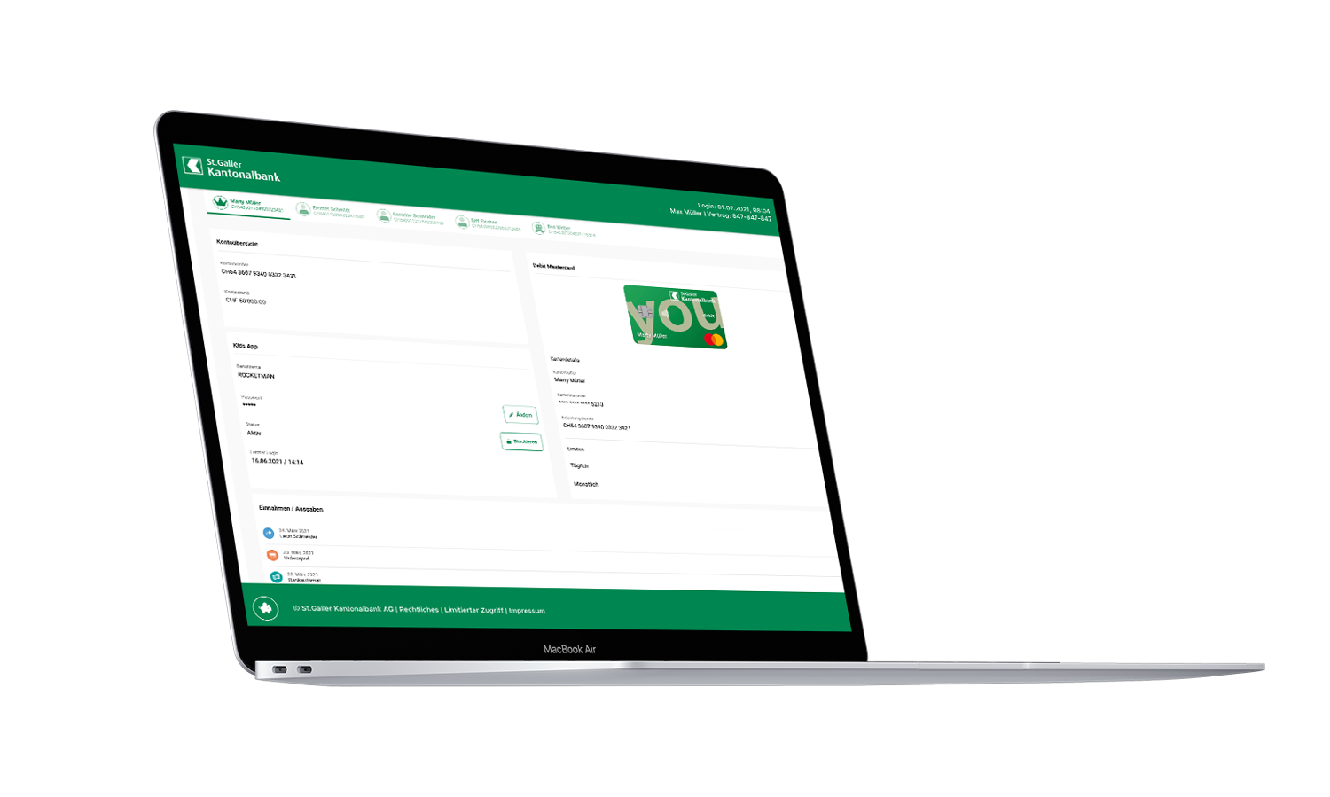 Un écran d'ordinateur portable affichant l'interface bancaire numérique pour enfants de la Banque cantonale de Saint-Gall, montrant les détails du compte et une carte de débit personnalisée. gft-success-story-db4kids-visual-2.png