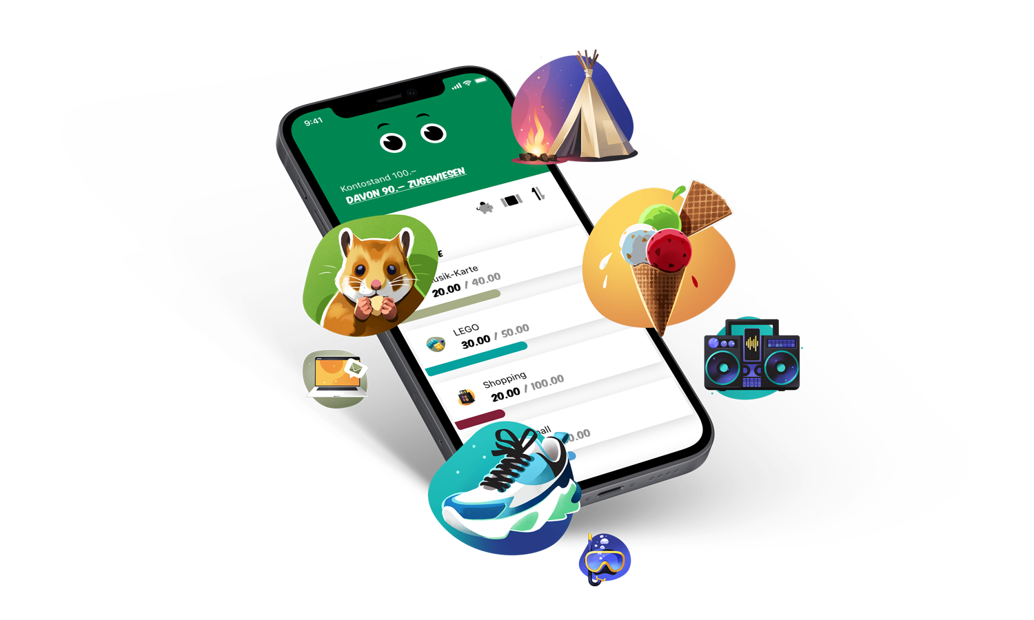 Un écran de téléphone portable affichant l'application Minibank de la Banque cantonale de Saint-Gall, entourée de diverses icônes colorées représentant différents objectifs d'épargne tels qu'un hamster, une glace, des baskets et une tente. gft-success-story-db4kids-visual-4.png